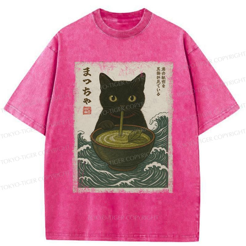 Tokyo-Tiger Black Cat and Matcha with Waves Washed T-Shirt