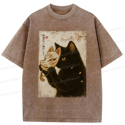 Tokyo-Tiger Cat Taking Off The Mask Japan Washed T-Shirt