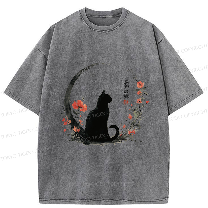 Tokyo-Tiger Black Cat And Flowers Washed T-Shirt
