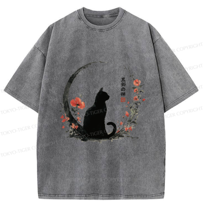 Tokyo-Tiger Black Cat And Flowers Washed T-Shirt