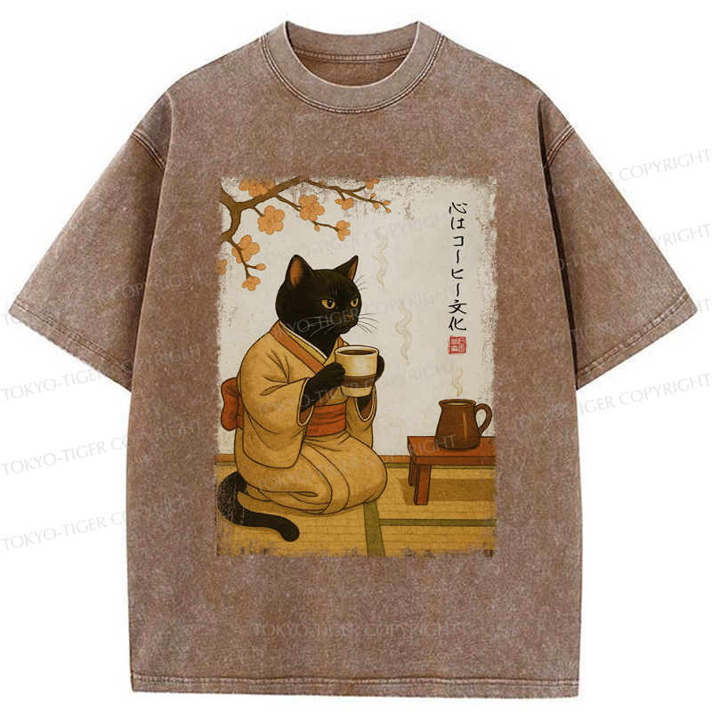 Tokyo-Tiger Cat Heart Full Of Coffee Washed T-Shirt