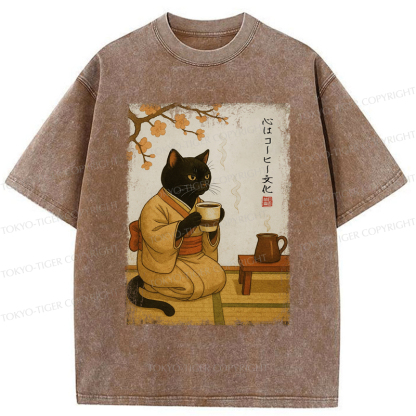 Tokyo-Tiger Cat Heart Full Of Coffee Washed T-Shirt
