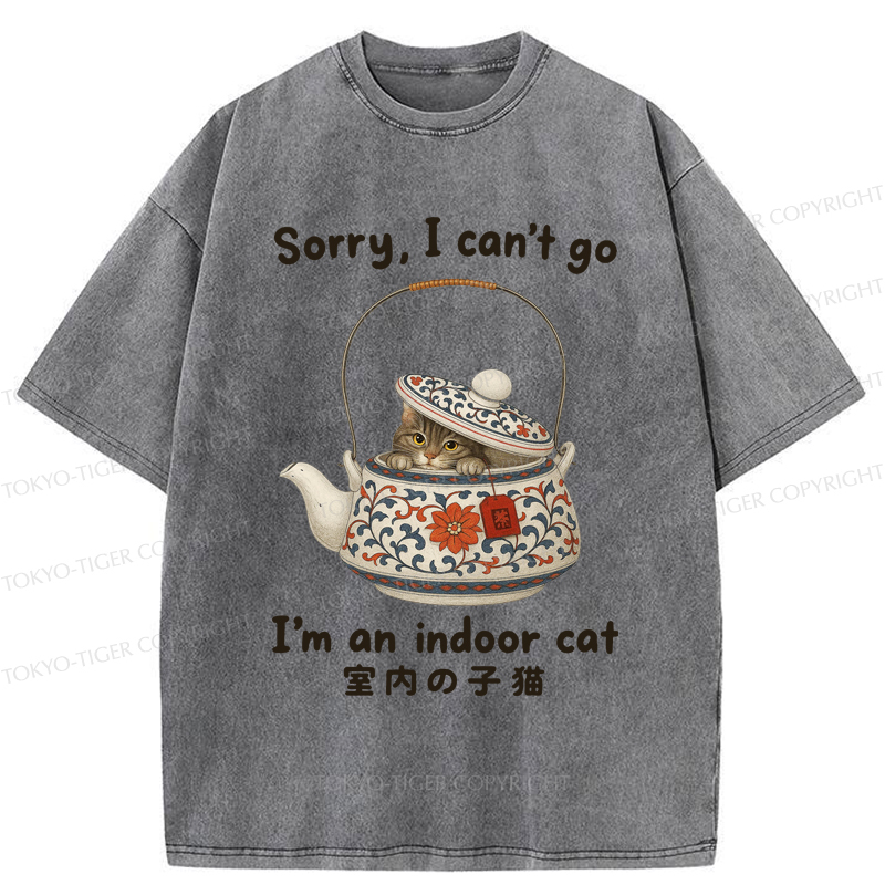 Tokyo-Tiger Cat Hiding In The Tea Set Washed T-Shirt