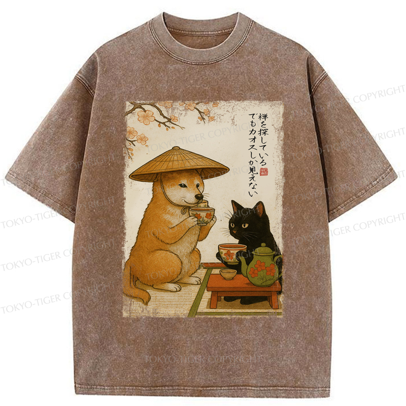 Tokyo-Tiger Tea Time with Shiba Inu and Black Cat Washed T-Shirt
