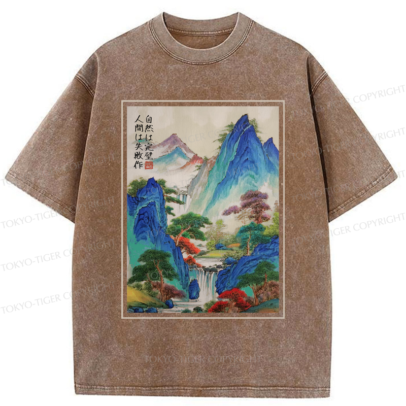 Tokyo-Tiger Japanese Mountain And River Attractions Washed T-Shirt