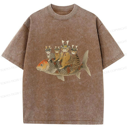 Tokyo-Tiger Funny Samurai Cat Riding a Fish Washed T-Shirt