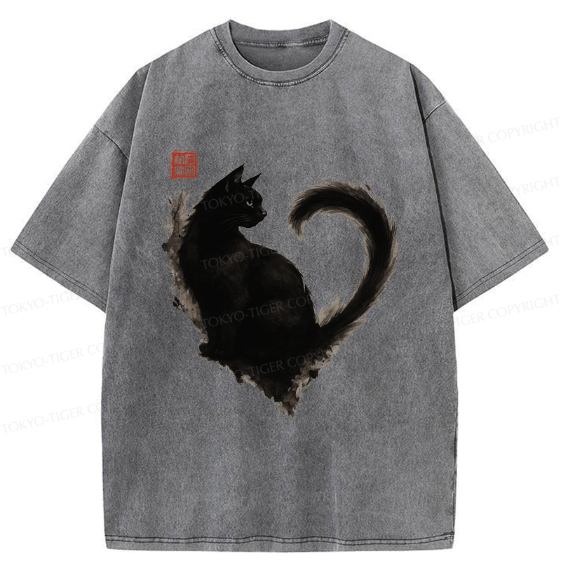 Tokyo-Tiger Funny Heart-Shaped Ink Cat  Washed T-Shirt