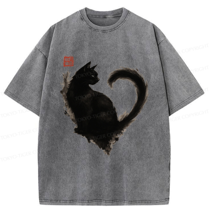 Tokyo-Tiger Funny Heart-Shaped Ink Cat  Washed T-Shirt