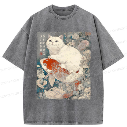 Tokyo-Tiger Japanese Cat Koi Fish Washed T-Shirt