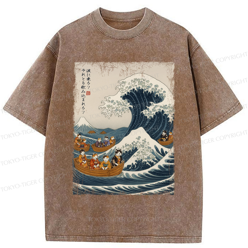 Tokyo-Tiger Japanese Cat Surfing Ukiyo-e Washed T-Shirt
