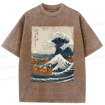Tokyo-Tiger Japanese Cat Surfing Ukiyo-e Washed T-Shirt