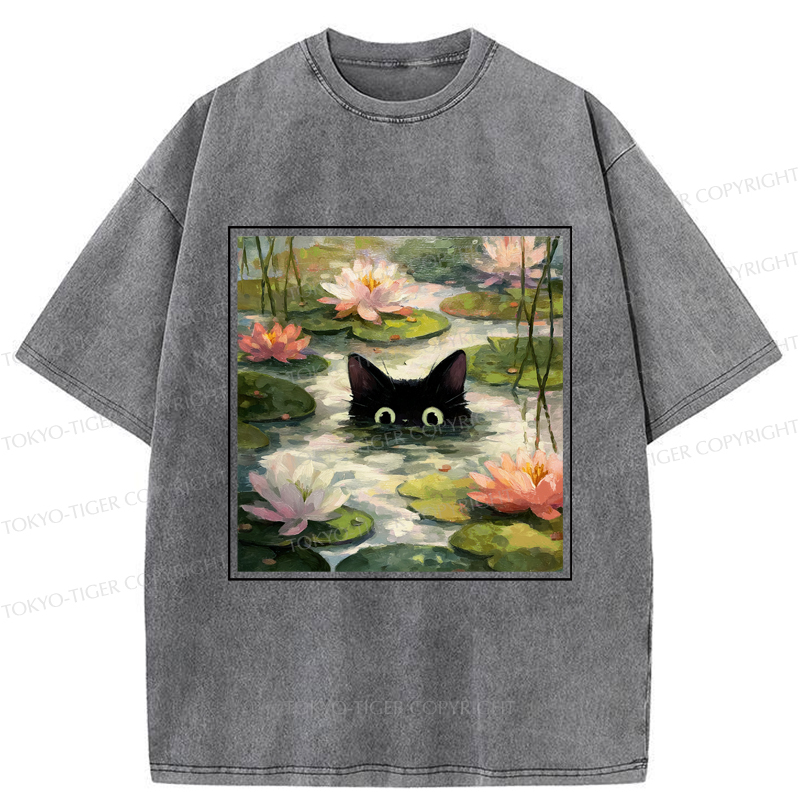 Tokyo-Tiger Black Cat and Lotus Flower Washed T-Shirt