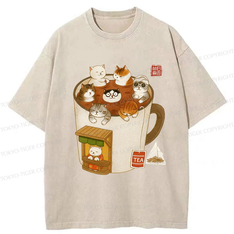 Tokyo-Tiger Funny Cat Brewing Tea Washed T-Shirt