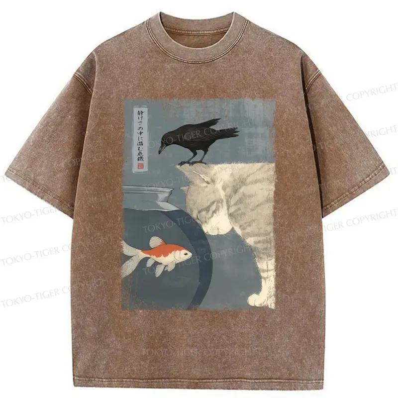 Tokyo-Tiger Crow And Cat Watching Fish T-Shirt