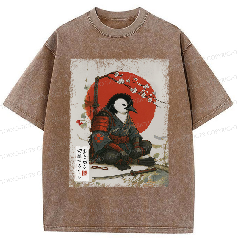Tokyo-Tiger Japanese The Samurai Penguin Washed T-Shirt