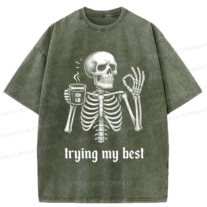 Tokyo-Tiger Skull Trying His Best  Washed T-Shirt