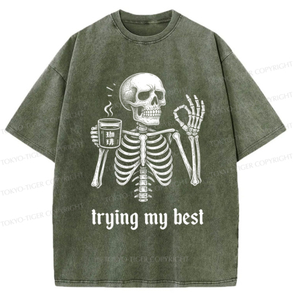Tokyo-Tiger Skull Trying His Best  Washed T-Shirt