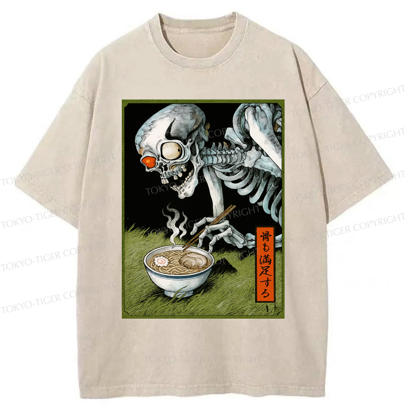 Tokyo-Tiger Ukiyo-e Skeleton Eating Ramen Washed T-Shirt