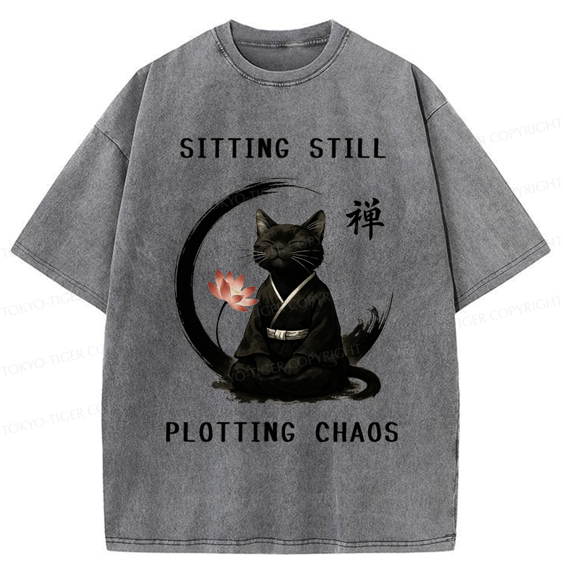 Tokyo-Tiger Sitting still  plotting chaos Calming Zen Cat Funny Washed T-Shirt