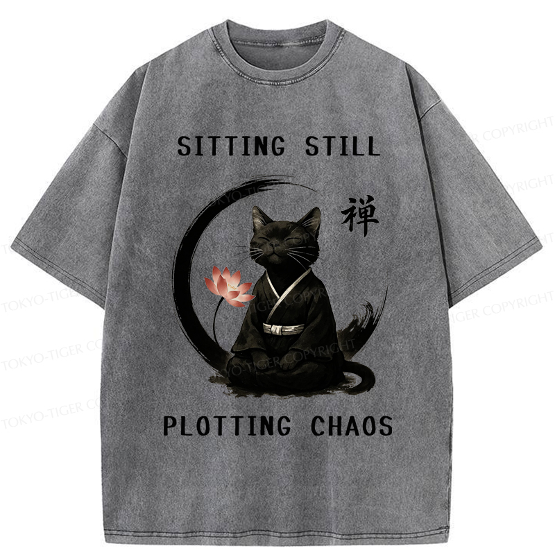 Tokyo-Tiger Sitting still  plotting chaos Calming Zen Cat Funny Washed T-Shirt