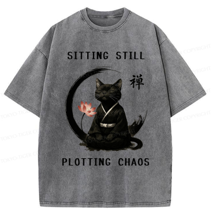 Tokyo-Tiger Sitting still  plotting chaos Calming Zen Cat Funny Washed T-Shirt
