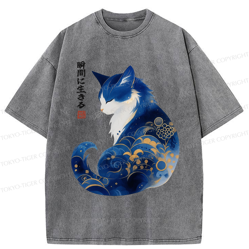 Tokyo-Tiger Retro Zen Cat: Living the Present Washed T-Shirt Sale