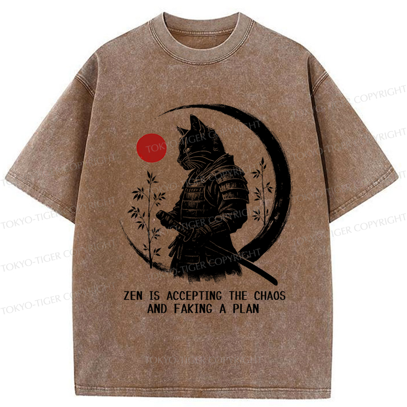Tokyo-Tiger Zen Cat: Warrior of Serenity Washed T-Shirt