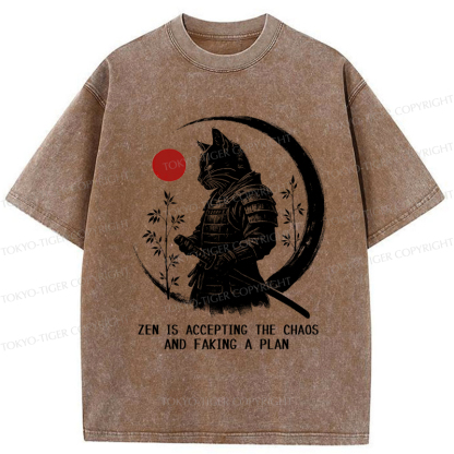Tokyo-Tiger Zen Cat: Warrior of Serenity Washed T-Shirt