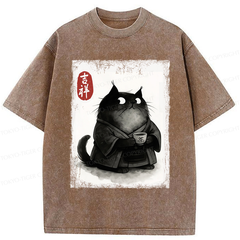 Tokyo-Tiger The Black Cat’s Tea Ritual Zen Ink Painting Washed T-Shirt