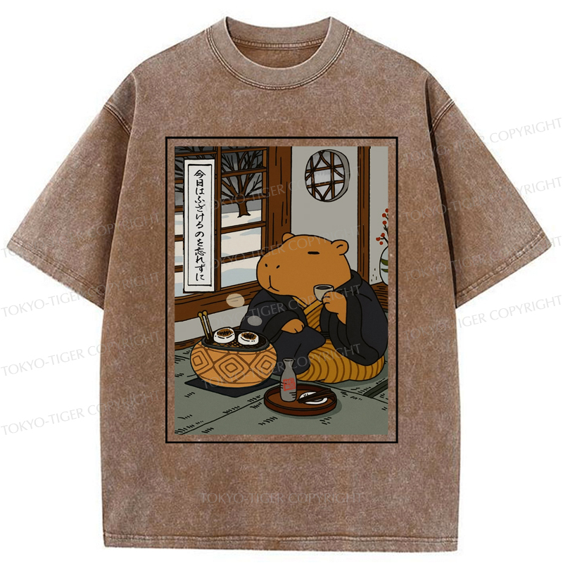 Tokyo-Tiger The Silly Capybara is Drinking Tea Zen Washed T-Shirt