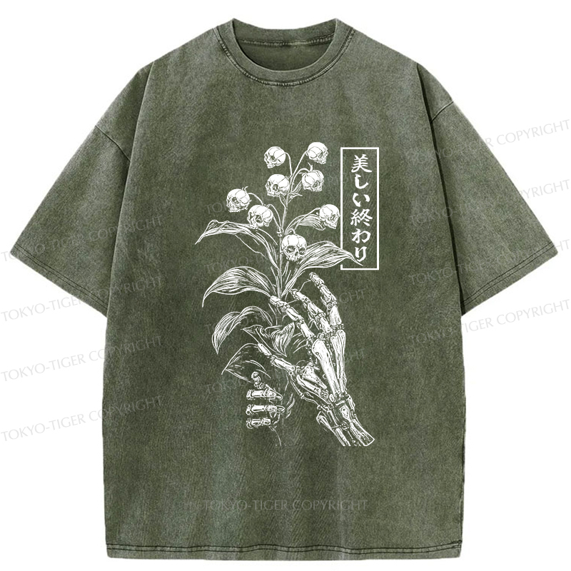 Tokyo-Tiger Funny Halloween Skull Flower Washed T-Shirt
