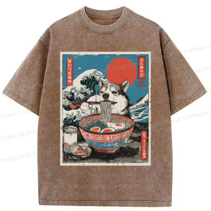Tokyo-Tiger Ukiyo-e Style: A Funny Dog Eating Ramen Washed T-Shirt
