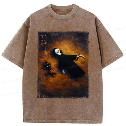 Tokyo-Tiger Skeleton And Cat Choose Candy Over Life On Halloween Washed T-Shirt
