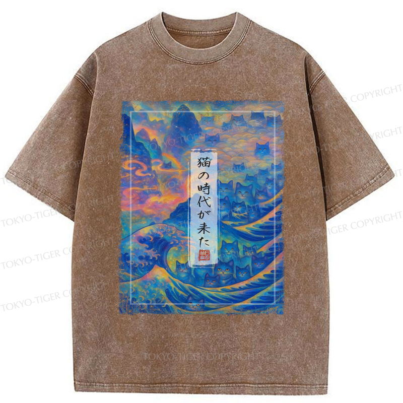 Tokyo-Tiger Riding the Feline Wave Time  Washed  T-Shirt