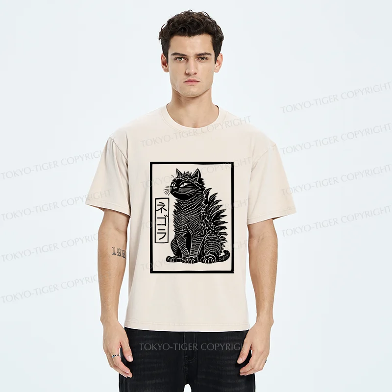 Tokyo-Tiger Fierce Catzilla Funny Washed T-Shirt