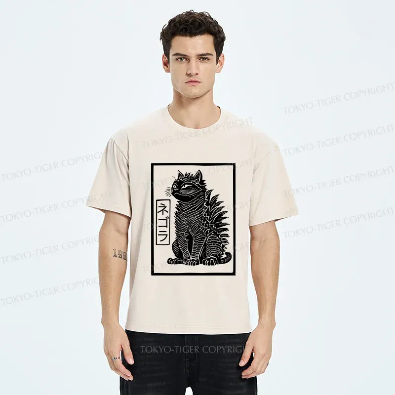 Tokyo-Tiger Fierce Catzilla Funny Washed T-Shirt