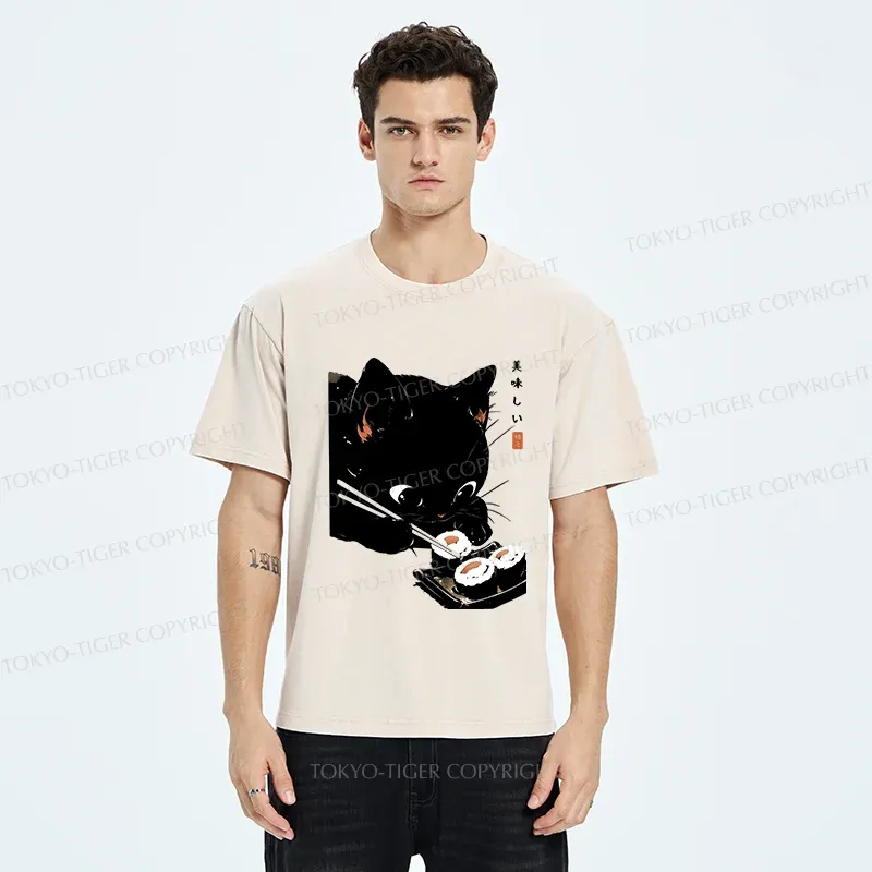 Tokyo-Tiger Cat Eating Rice Balls Washed T-Shirt