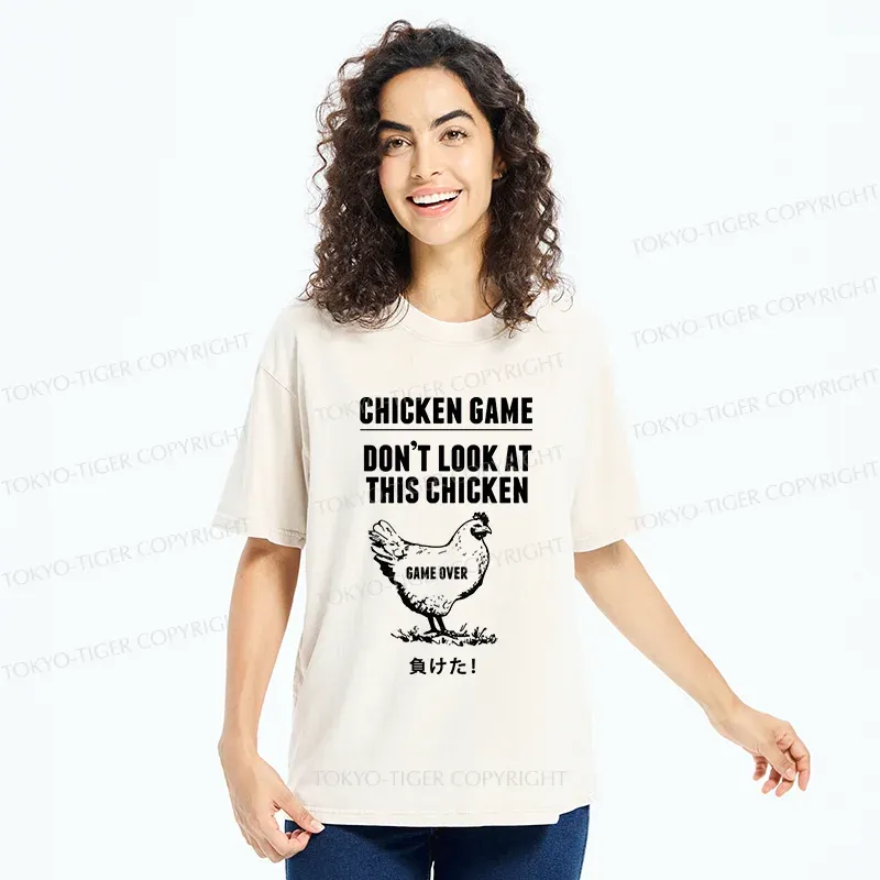 Tokyo-Tiger Funny Chicken Game Washed T-Shirt