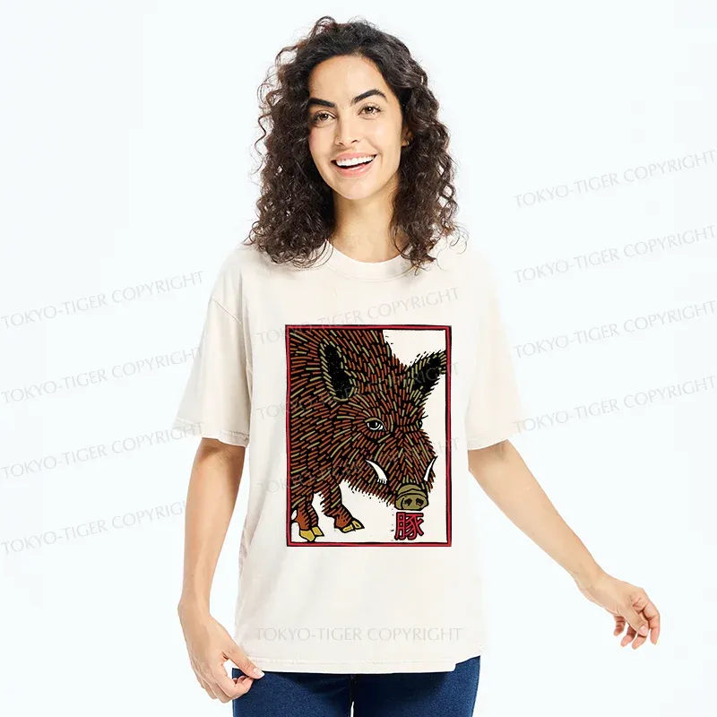 Tokyo-Tiger Woodcut Pig Washed T-Shirt