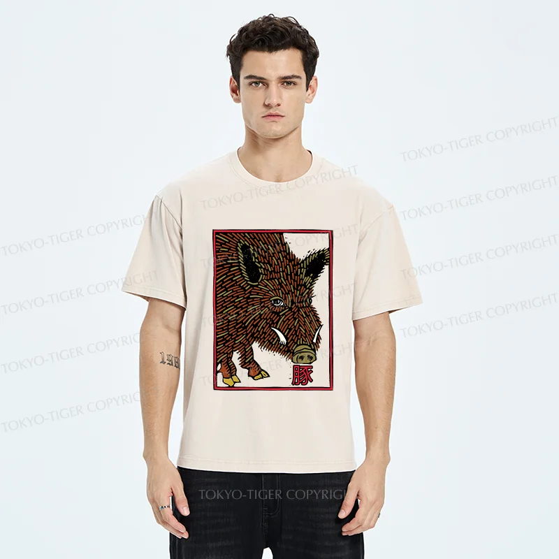 Tokyo-Tiger Woodcut Pig Washed T-Shirt