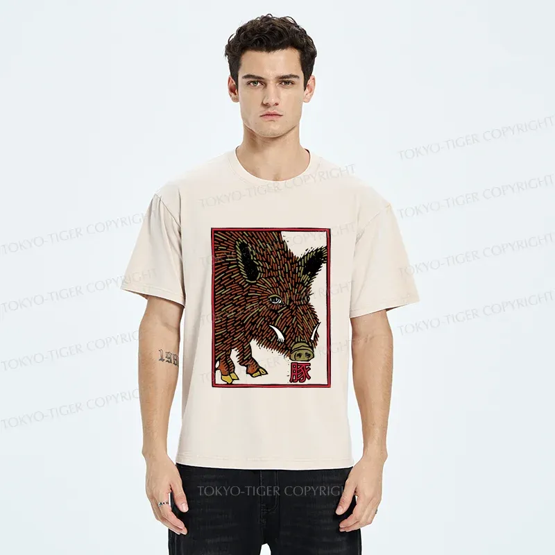 Tokyo-Tiger Woodcut Pig Washed T-Shirt