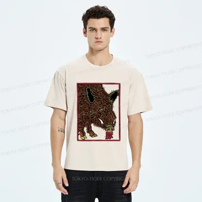 Tokyo-Tiger Woodcut Pig Washed T-Shirt