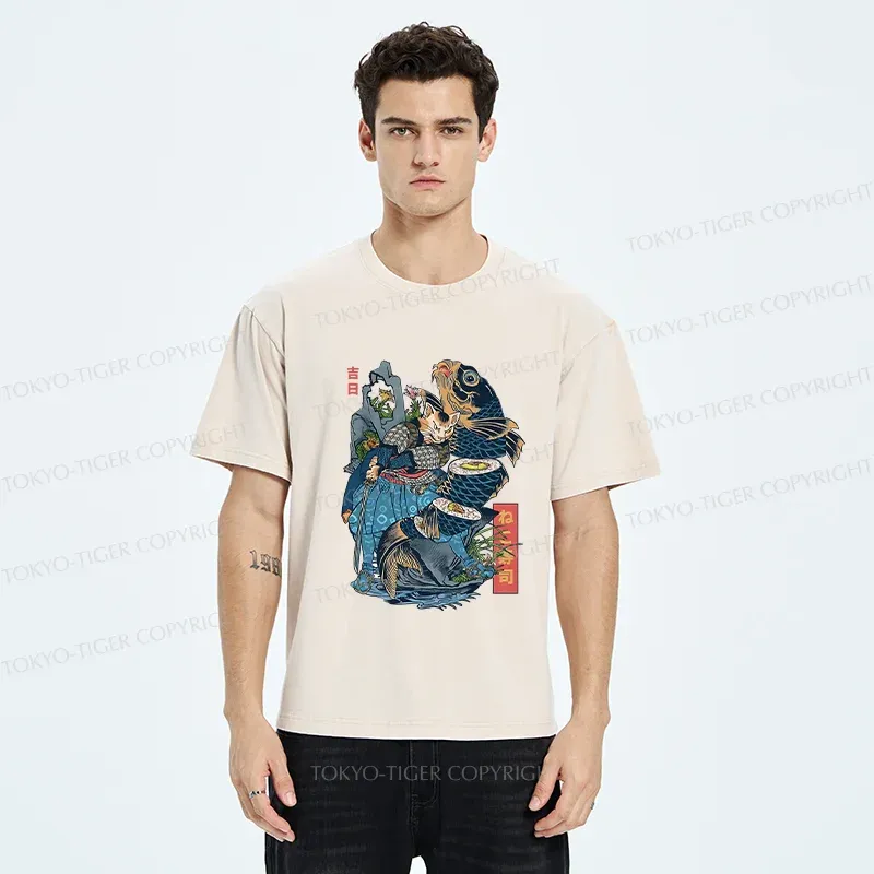 Tokyo-Tiger Funny Cat Kills Fish Washed T-Shirt