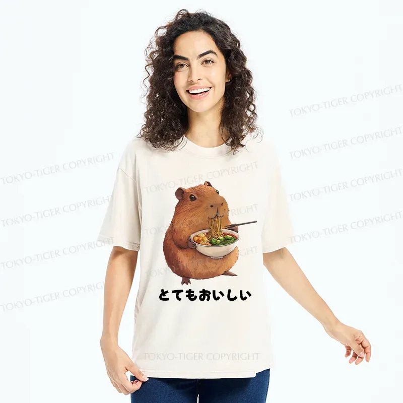 Tokyo-Tiger Capybara Eating Japanese Ramen Washed T-Shirt