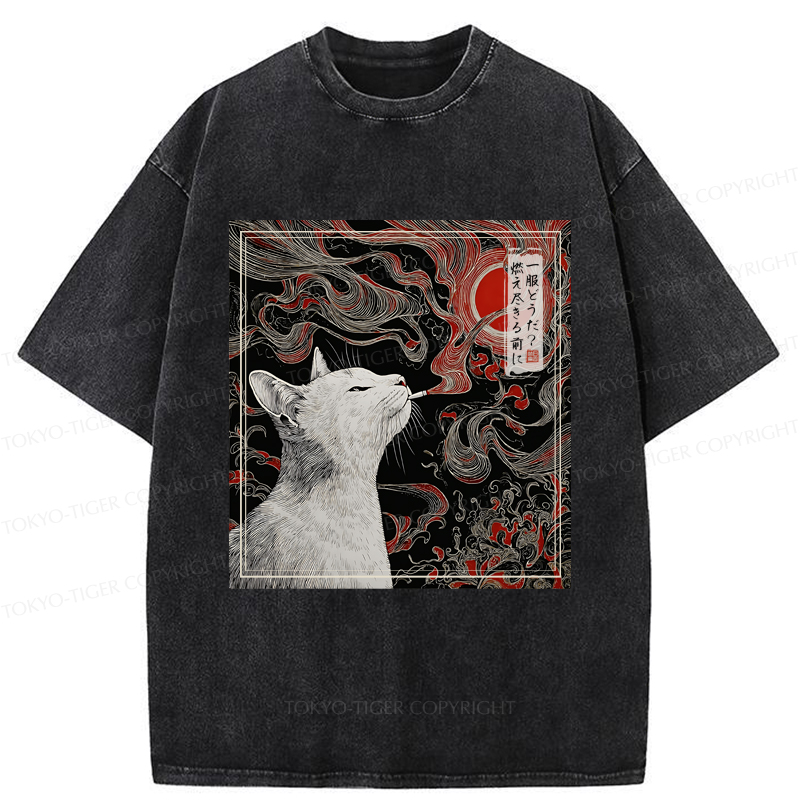 Tokyo-Tiger Vintage Japanese Smoking Cat Washed T-Shirt