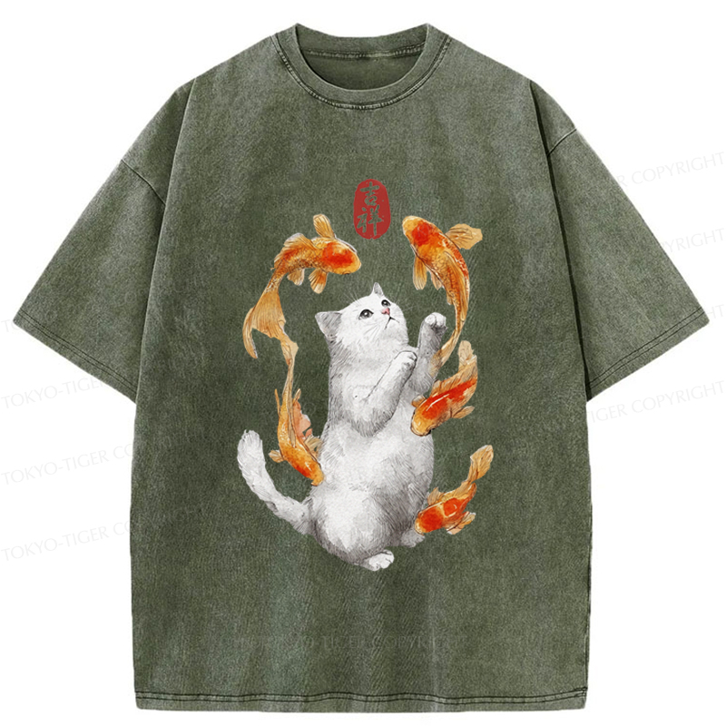 Tokyo-Tiger Zen Cat And The Dancing Fish Washed T-Shirt