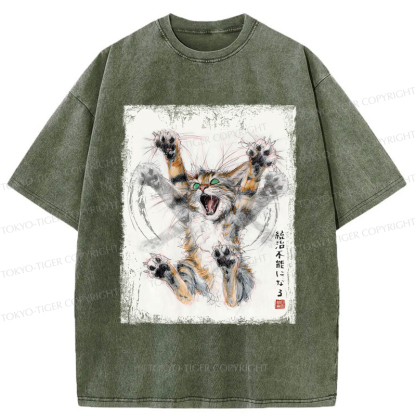 Tokyo-Tiger Funny Cat: Become Ungovernable - Ink Wash Painting Washed T-Shirt