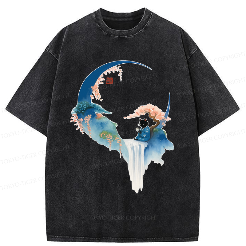 Tokyo-Tiger Tea And Tranquility: A Cat’s Zen Moment Washed T-Shirt