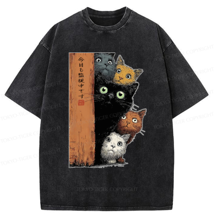 Tokyo-Tiger Five Cats Are Watching You Washed T-Shirt