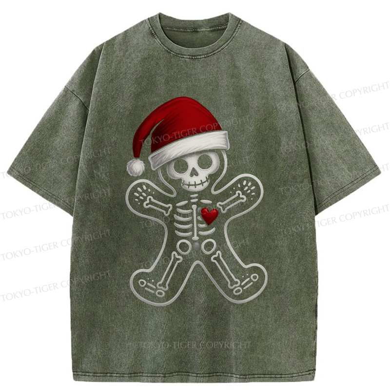 Tokyo-Tiger Funny Christmas Skull Gingerbread Man Washed T-Shirt